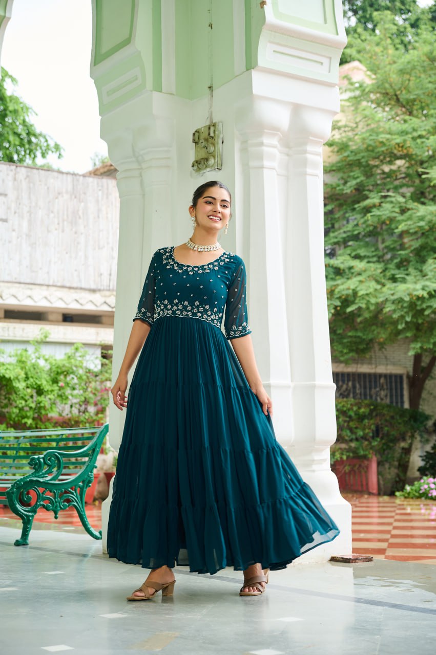 Faux Blooming with Beads embroidery work Designer Readymade Gown