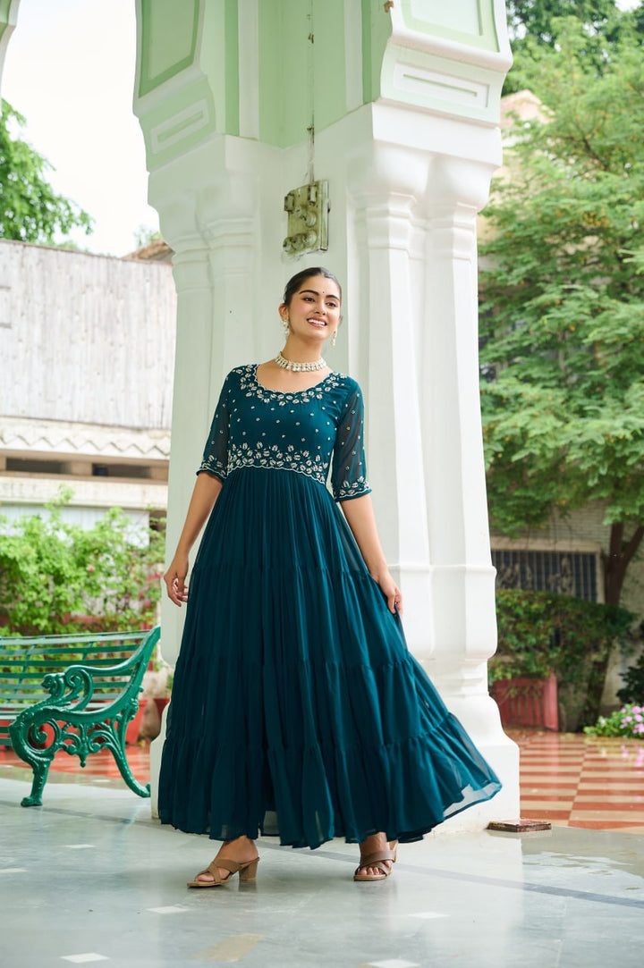 Faux Blooming with Beads embroidery work Designer Readymade Gown