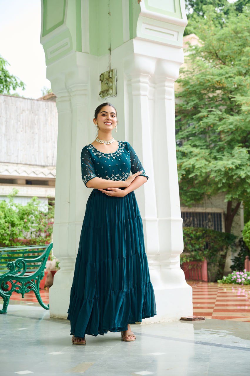 Faux Blooming with Beads embroidery work Designer Readymade Gown