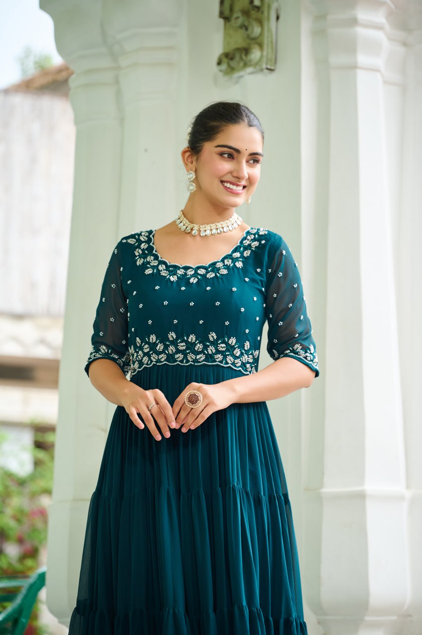 Faux Blooming with Beads embroidery work Designer Readymade Gown