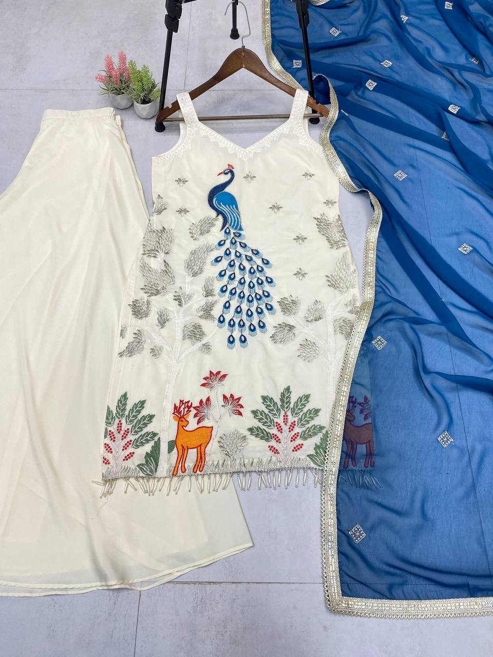 EXCLUSIVE PLAZZO PAIR WITH  EMBROIDERED PEACOCK