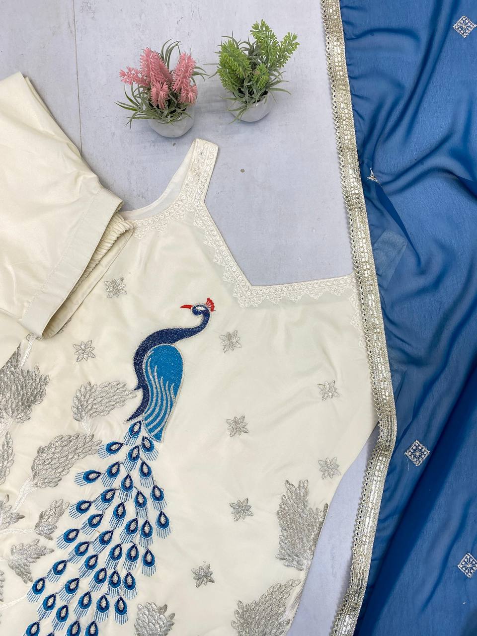 EXCLUSIVE PLAZZO PAIR WITH  EMBROIDERED PEACOCK