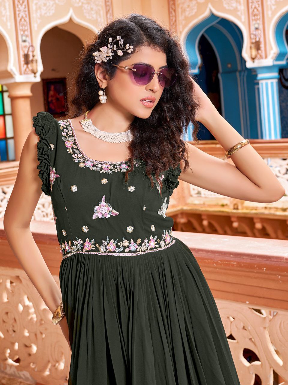 Faux Blooming Mehndi Color Designer Gown