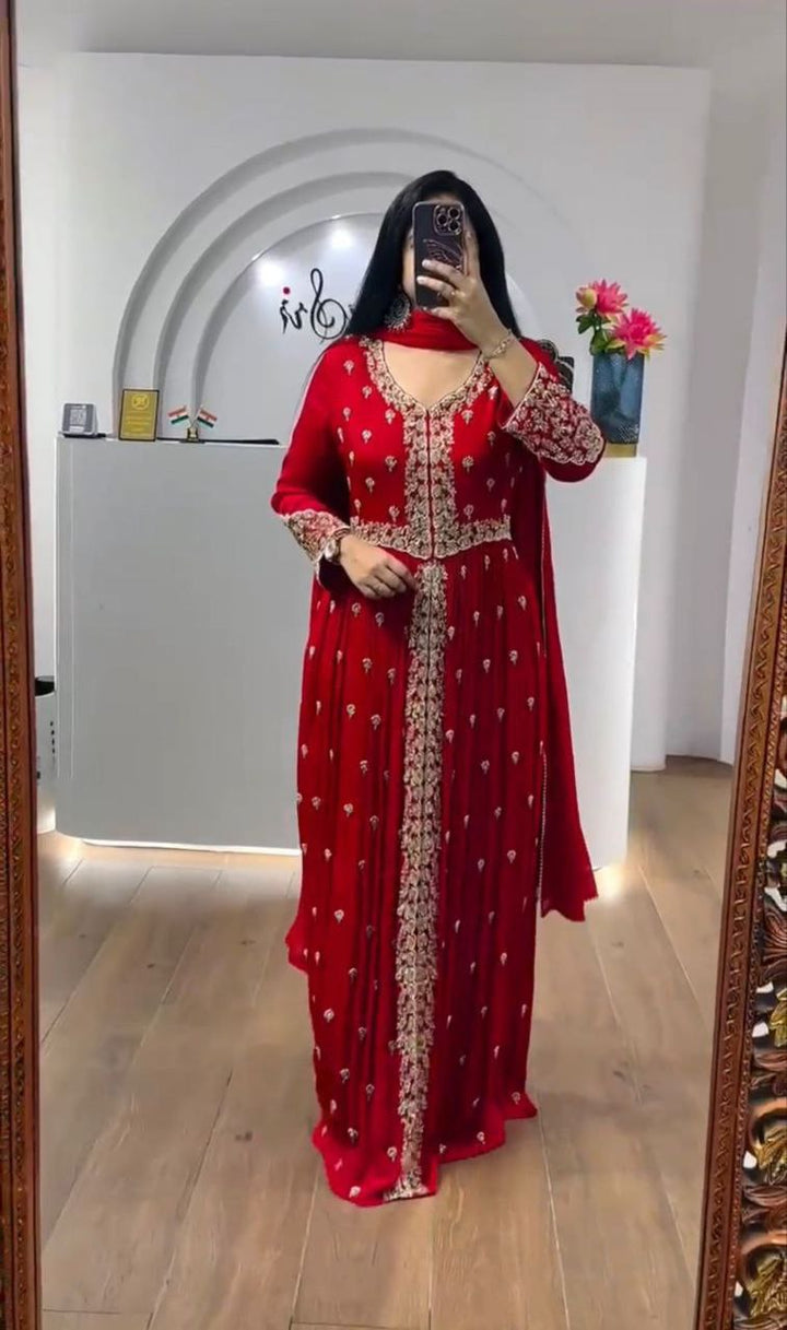 Red Embroidery Georgette Gown Dupatta