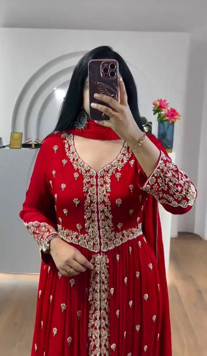 Red Embroidery Georgette Gown Dupatta