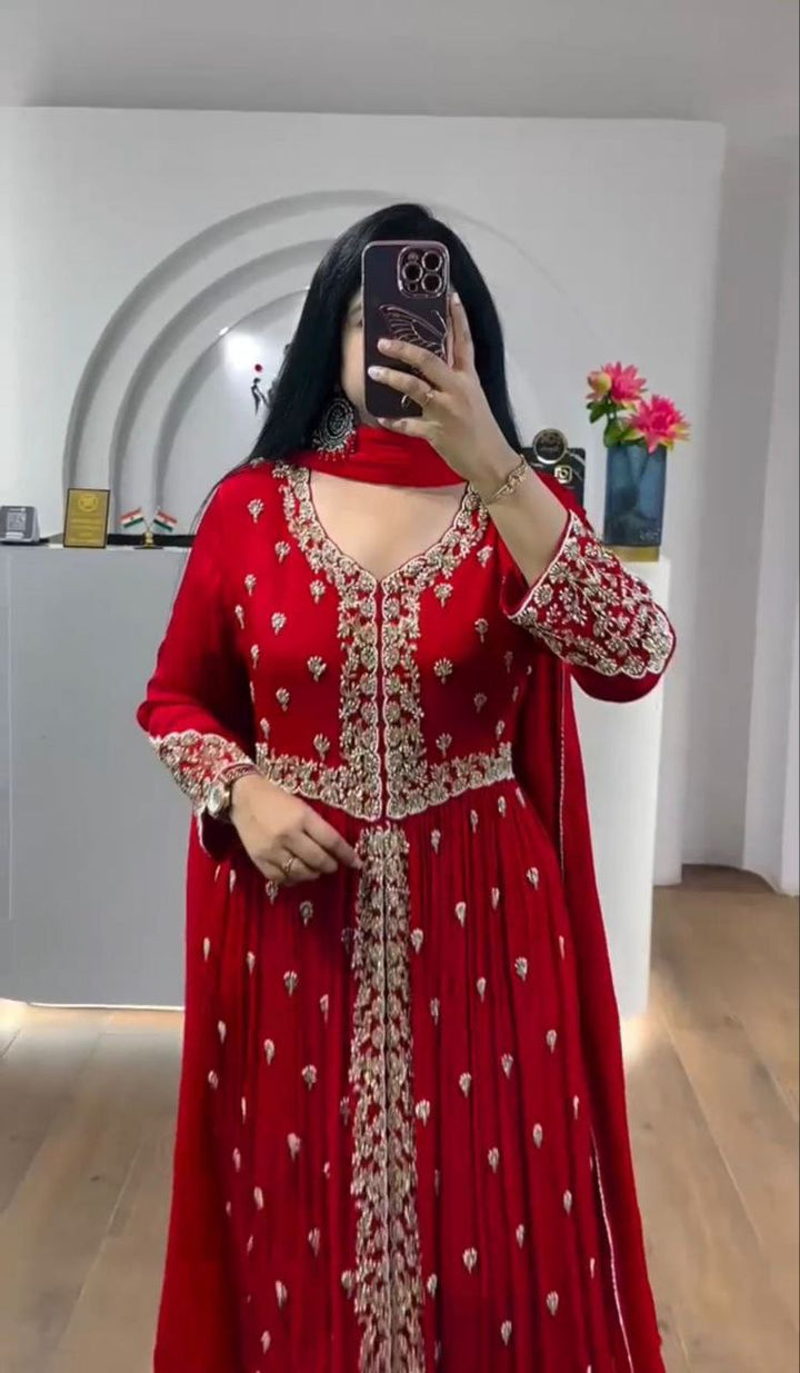 Red Embroidery Georgette Gown Dupatta