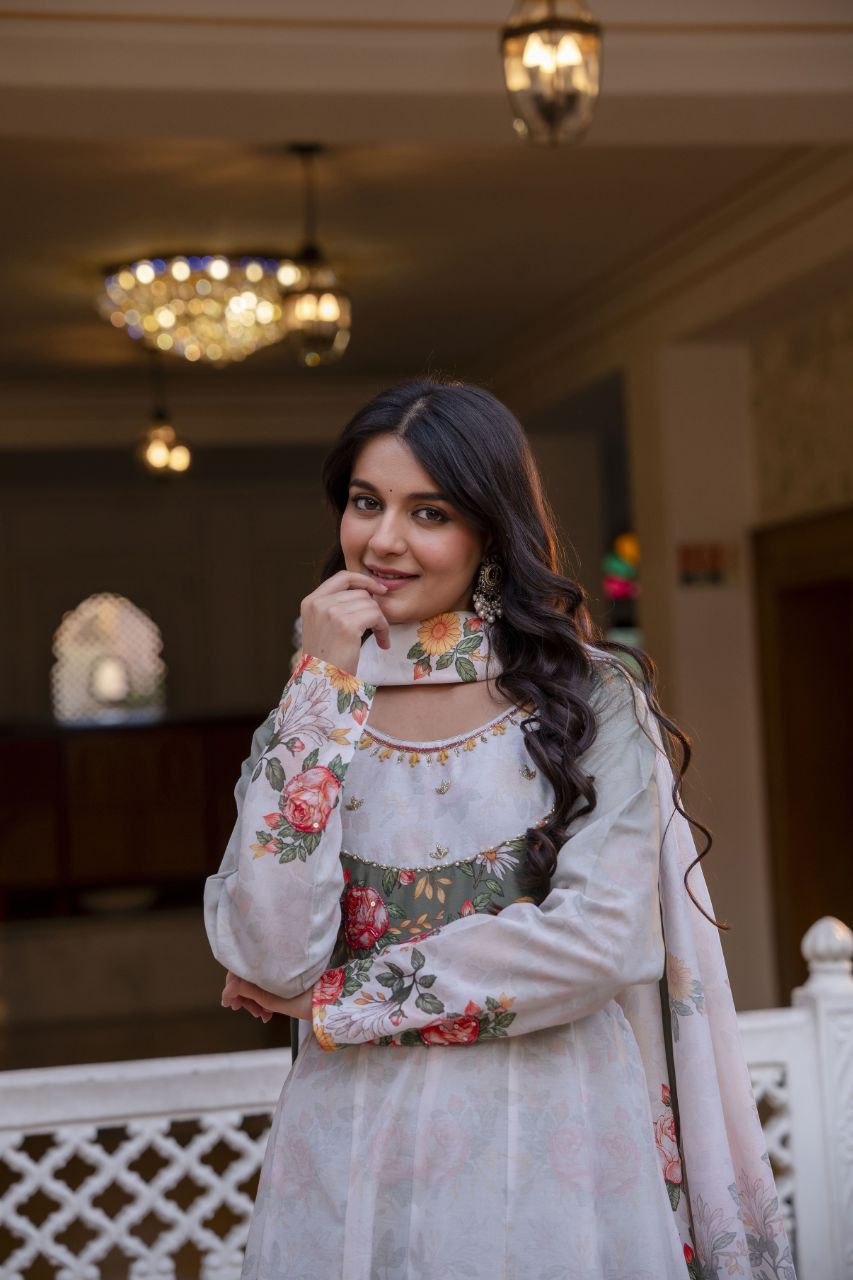 New Readymade Embroidery Designer Gown Pant and dupatta Set