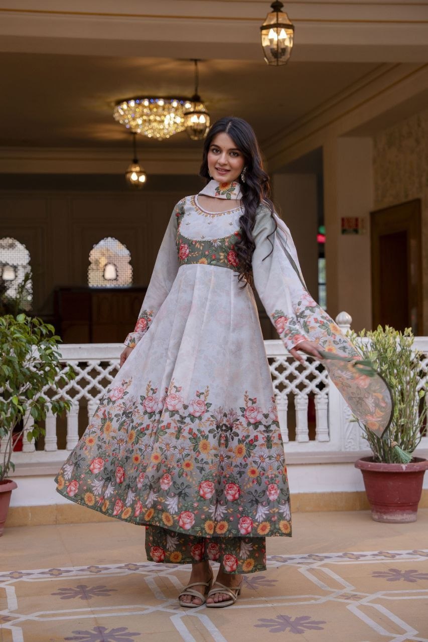 New Readymade Embroidery Designer Gown Pant and dupatta Set
