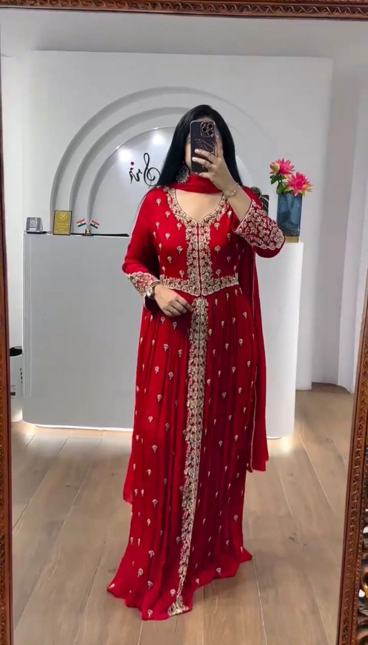 Red Embroidery Georgette Gown Dupatta