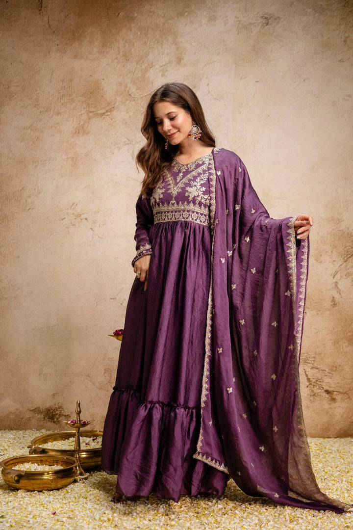 New Ready-Made Wine Gown And Dupatta Set