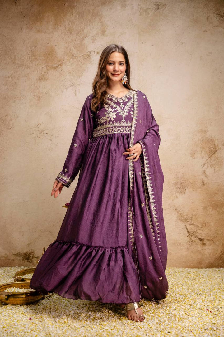 New Ready-Made Wine Gown And Dupatta Set