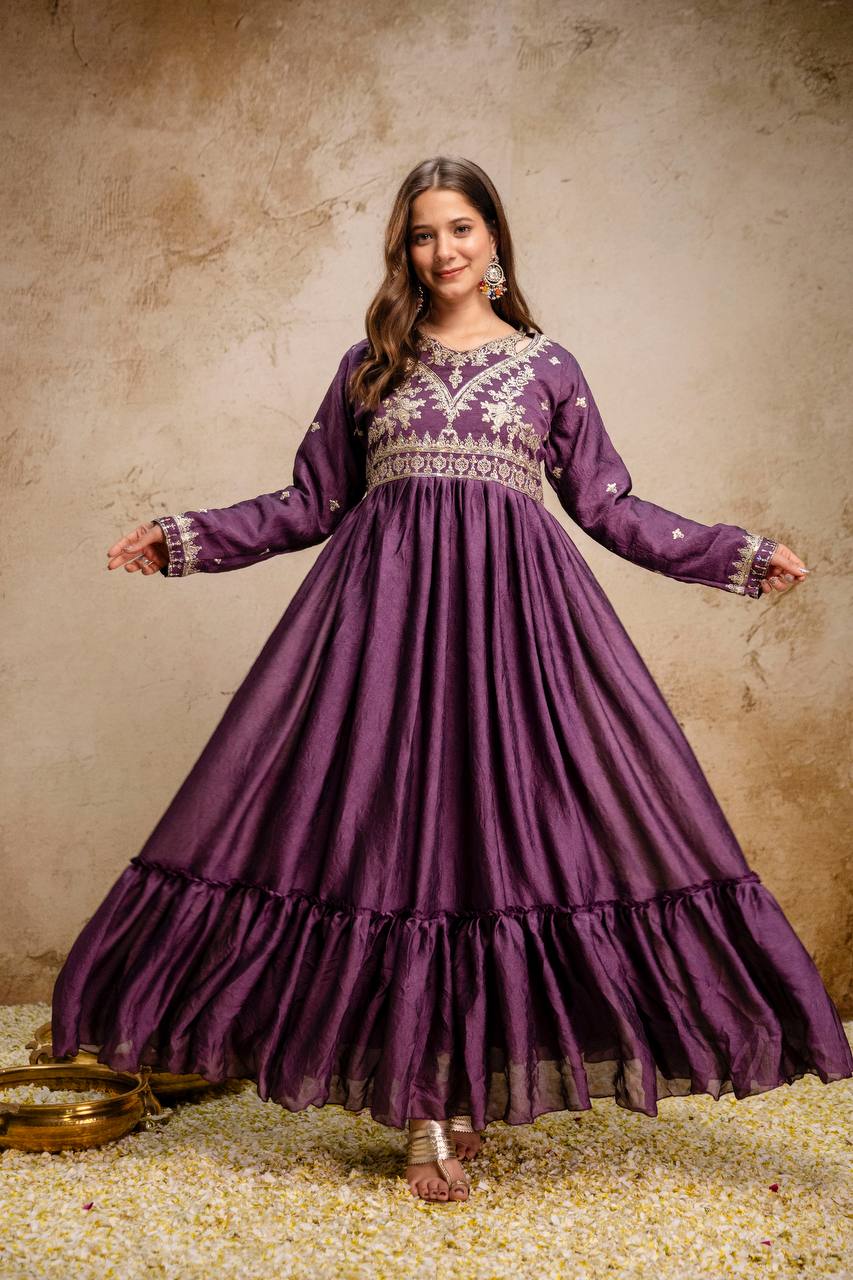 New Ready-Made Wine Gown And Dupatta Set