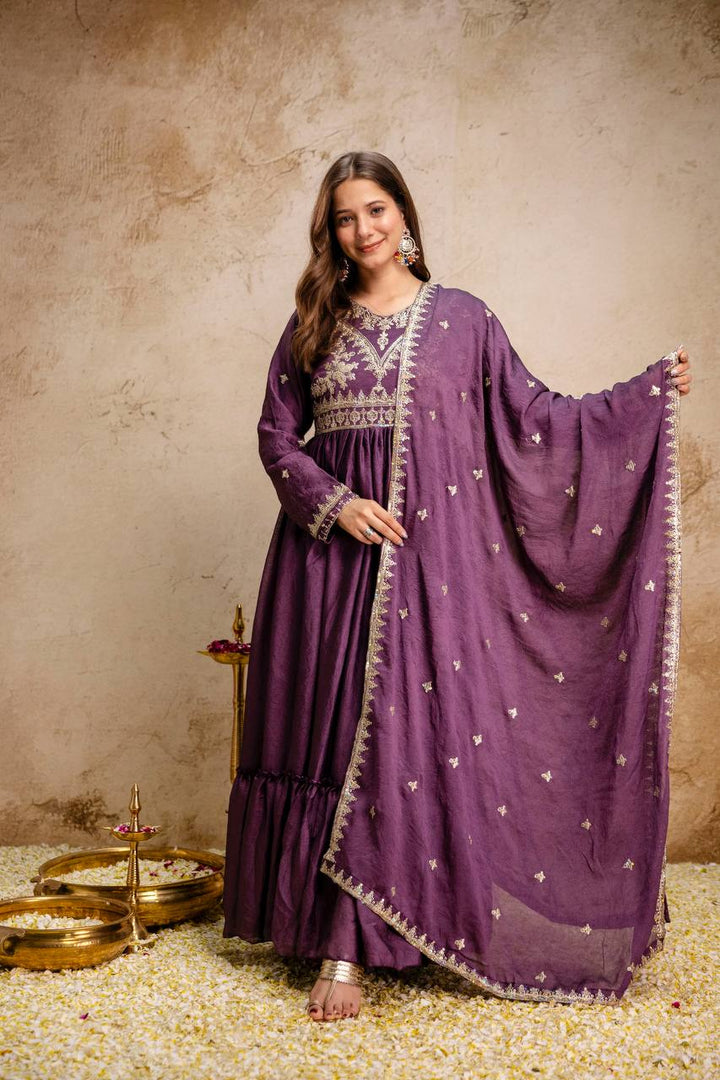 New Ready-Made Wine Gown And Dupatta Set