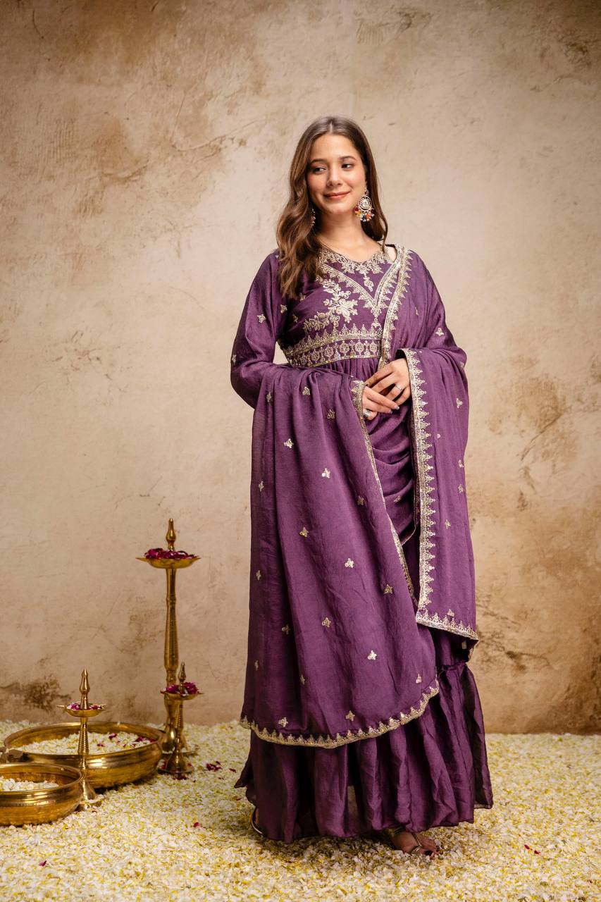 New Ready-Made Wine Gown And Dupatta Set
