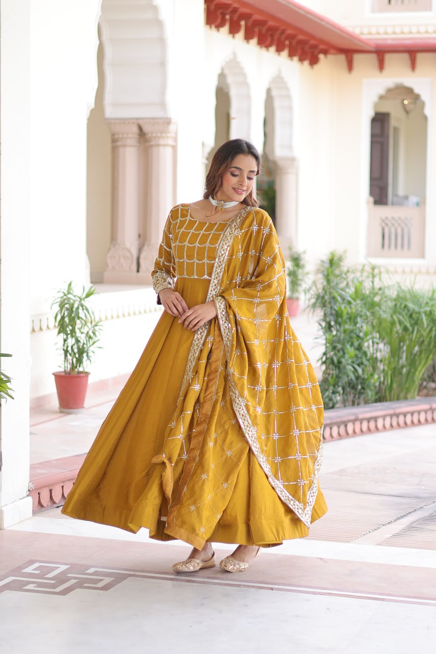 beautiful Mustard Anarkali gown