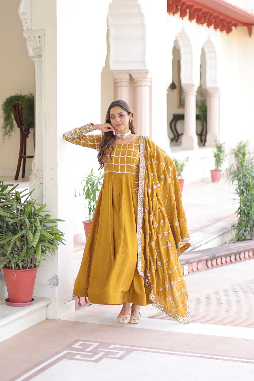 beautiful Mustard Anarkali gown