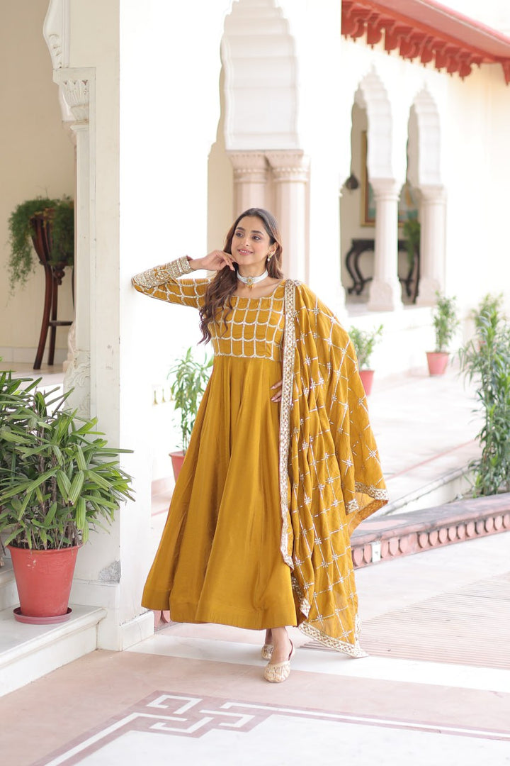 beautiful Mustard Anarkali gown