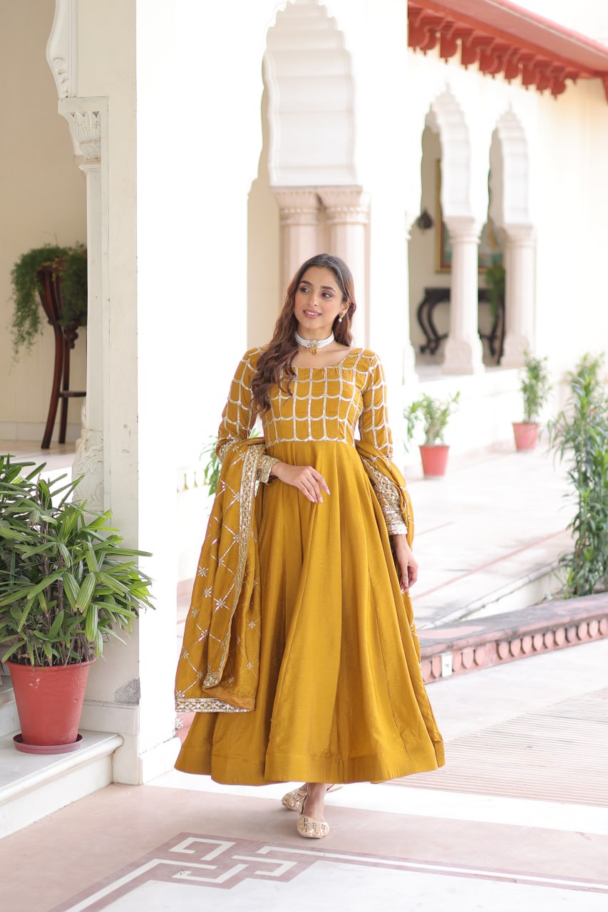 beautiful Mustard Anarkali gown