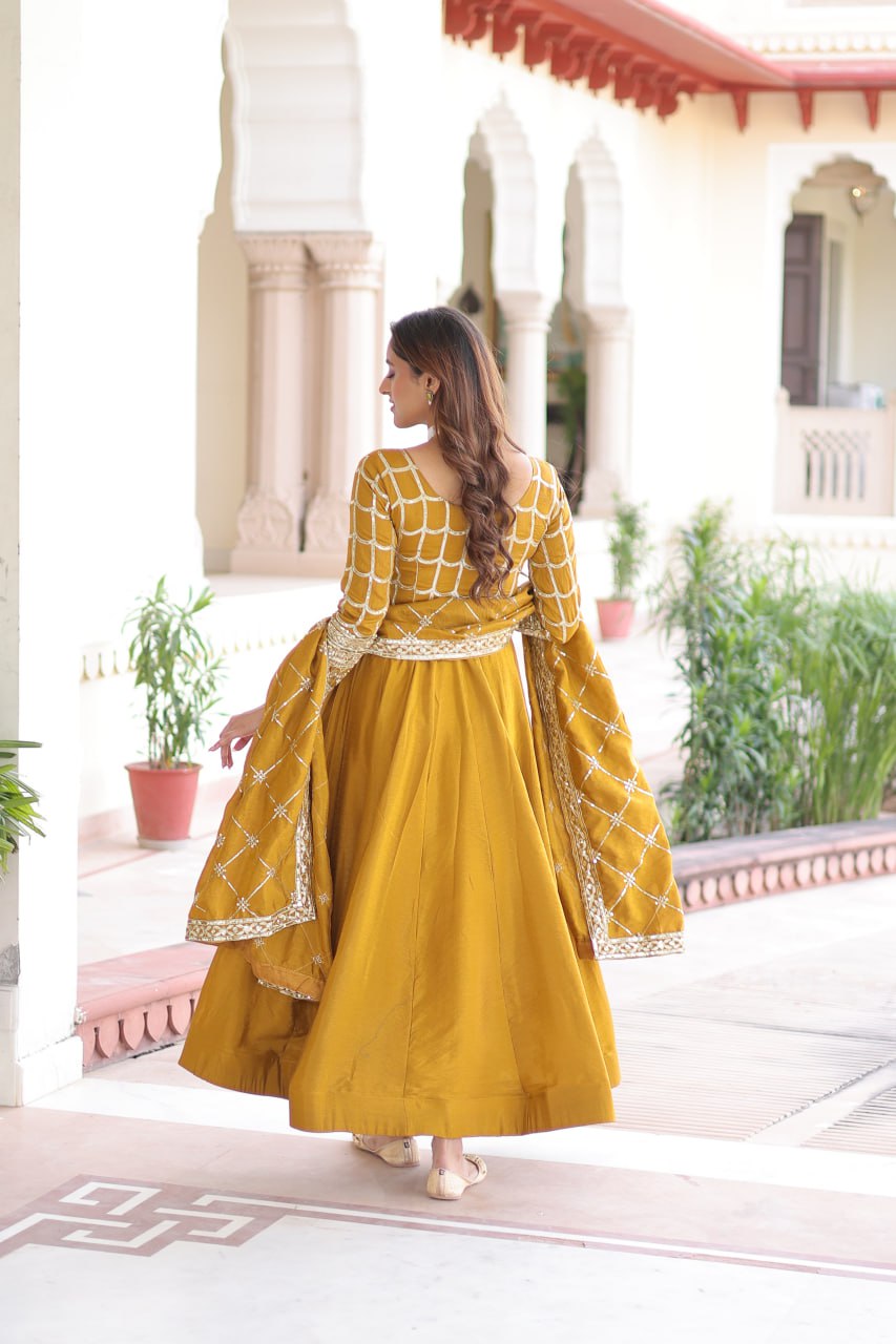 beautiful Mustard Anarkali gown