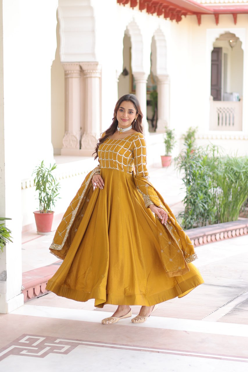 beautiful Mustard Anarkali gown