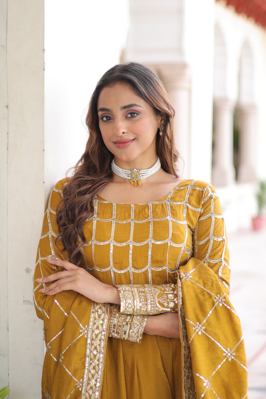 beautiful Mustard Anarkali gown