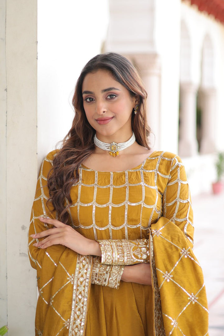 beautiful Mustard Anarkali gown