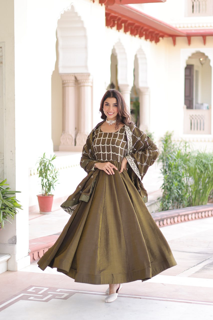 beautiful olive-green Anarkali gown