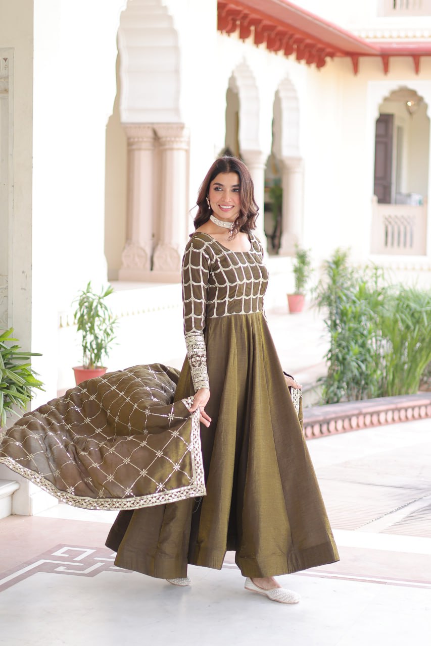 beautiful olive-green Anarkali gown