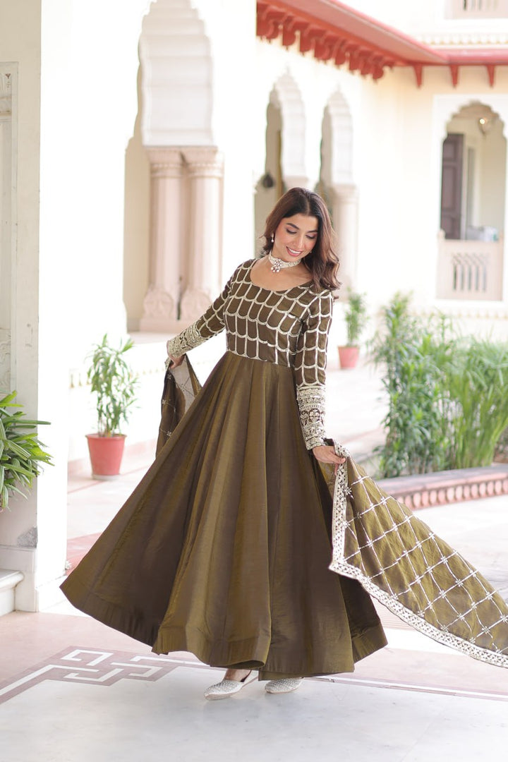beautiful olive-green Anarkali gown