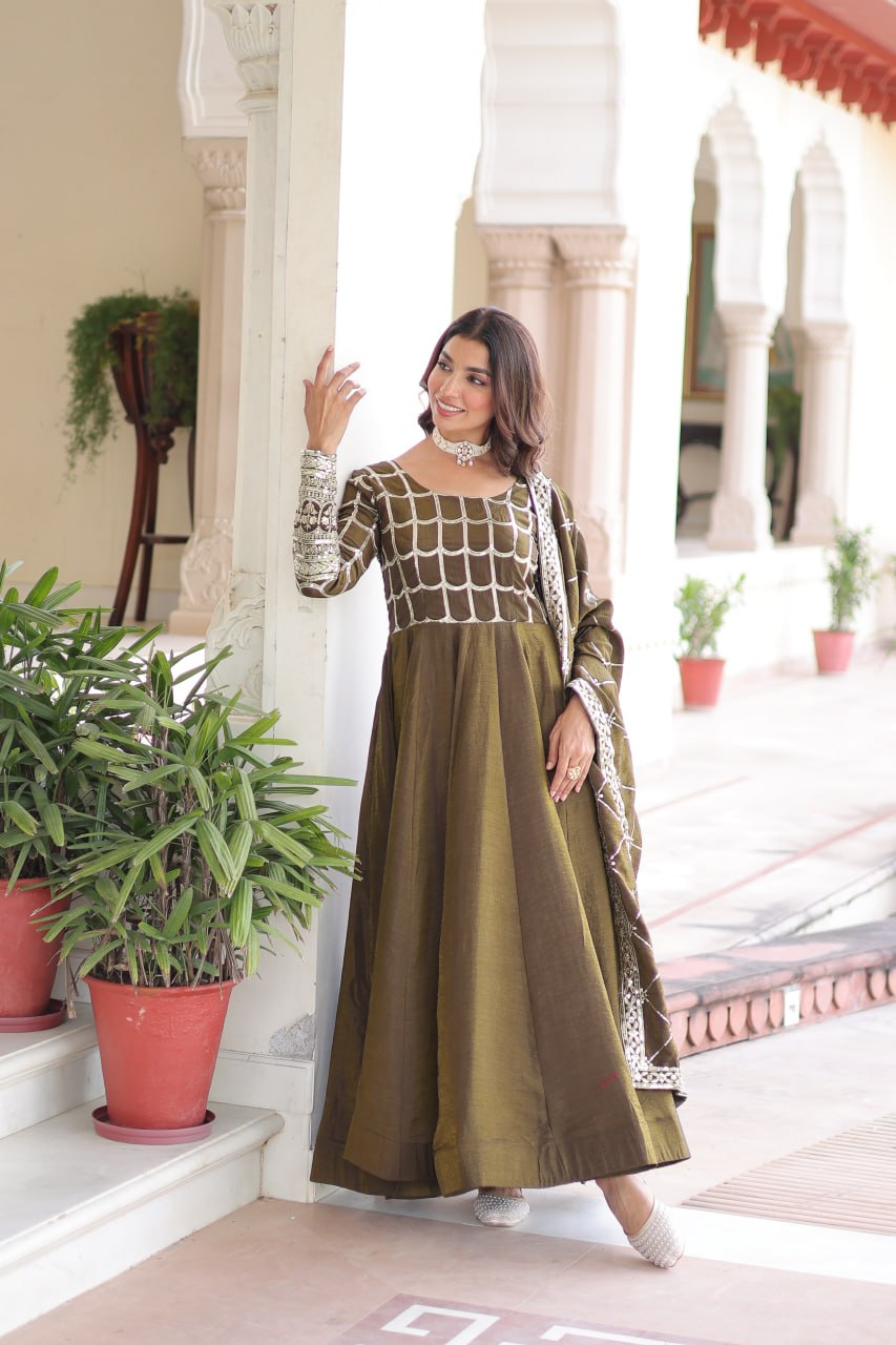 beautiful olive-green Anarkali gown