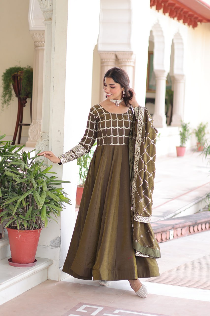beautiful olive-green Anarkali gown