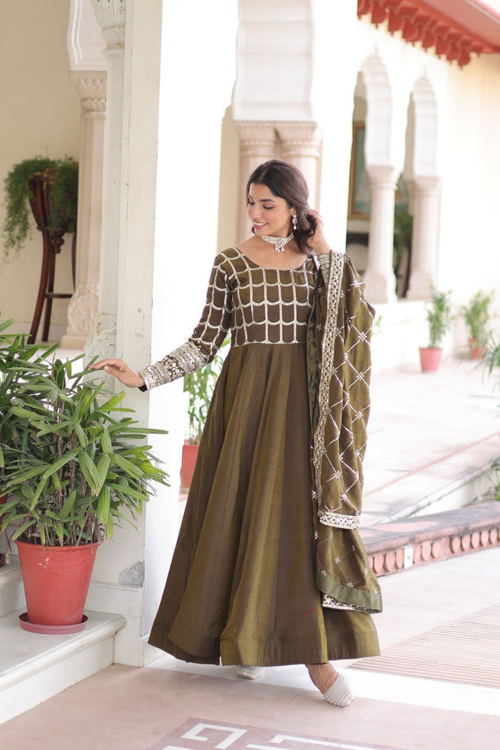 beautiful olive-green Anarkali gown