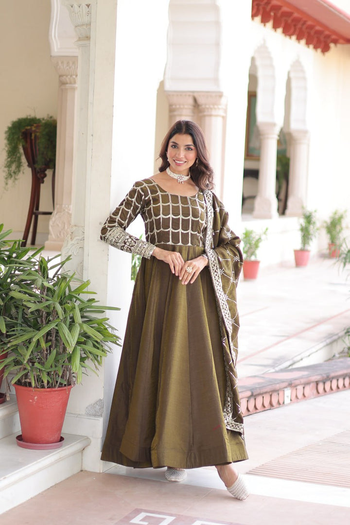 beautiful olive-green Anarkali gown