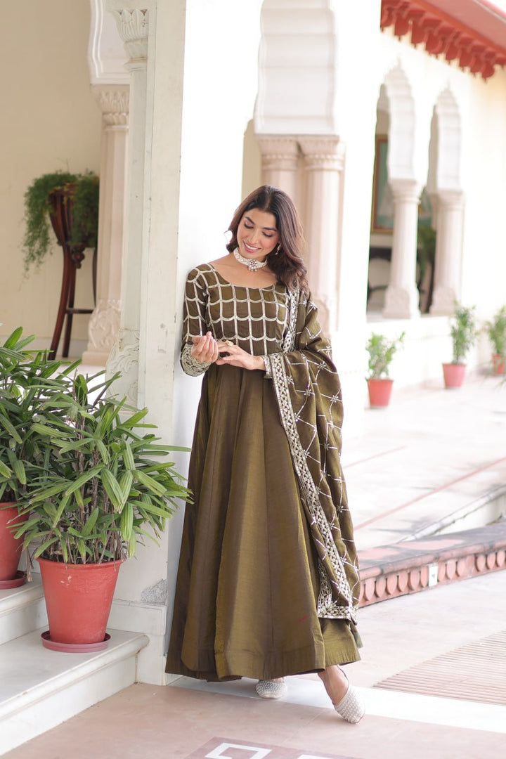 beautiful olive-green Anarkali gown