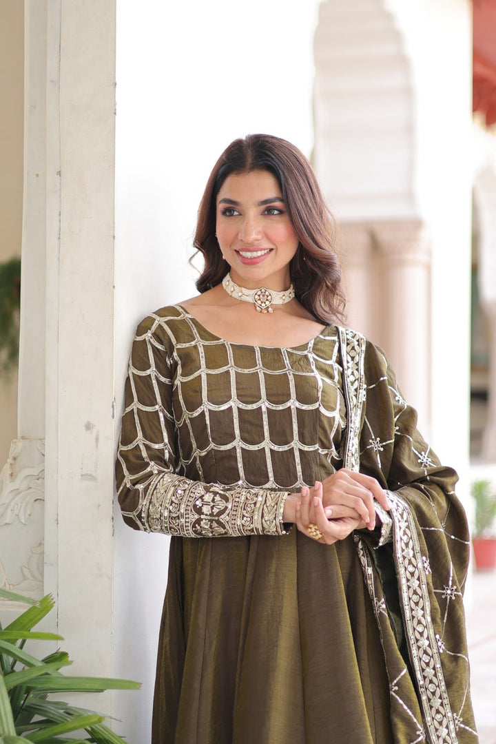 beautiful olive-green Anarkali gown