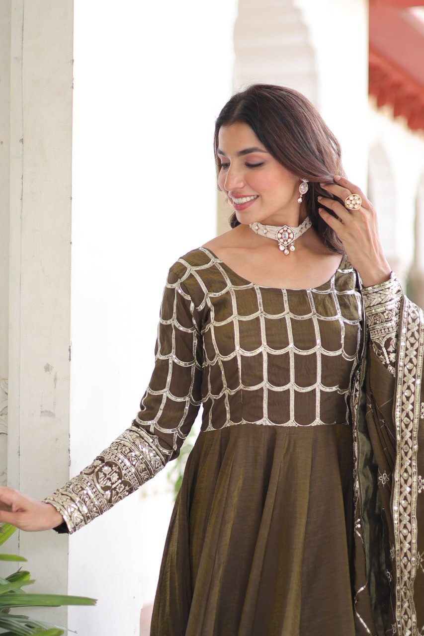 beautiful olive-green Anarkali gown