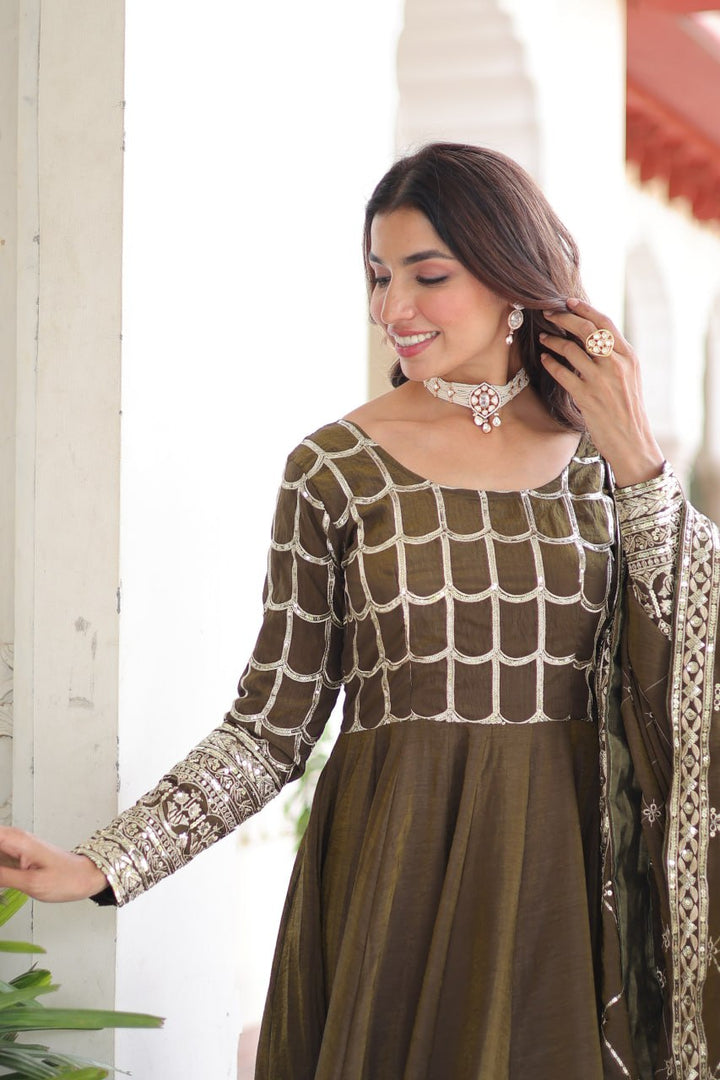 beautiful olive-green Anarkali gown