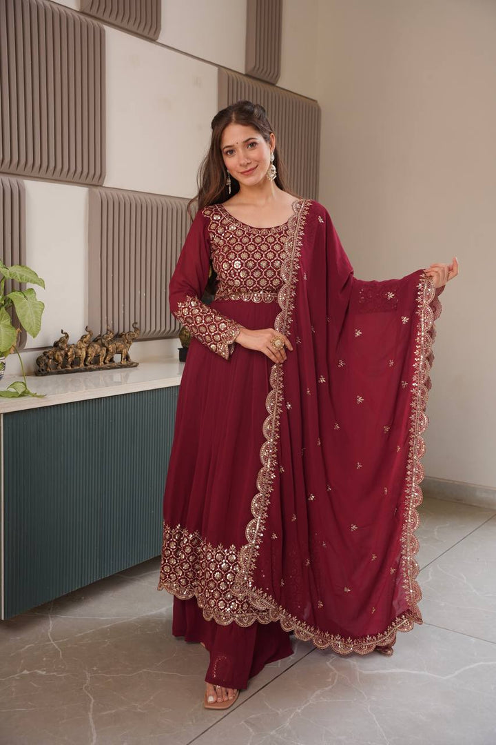 Maroon Color Faux Georgette Full stitched Sharara set
