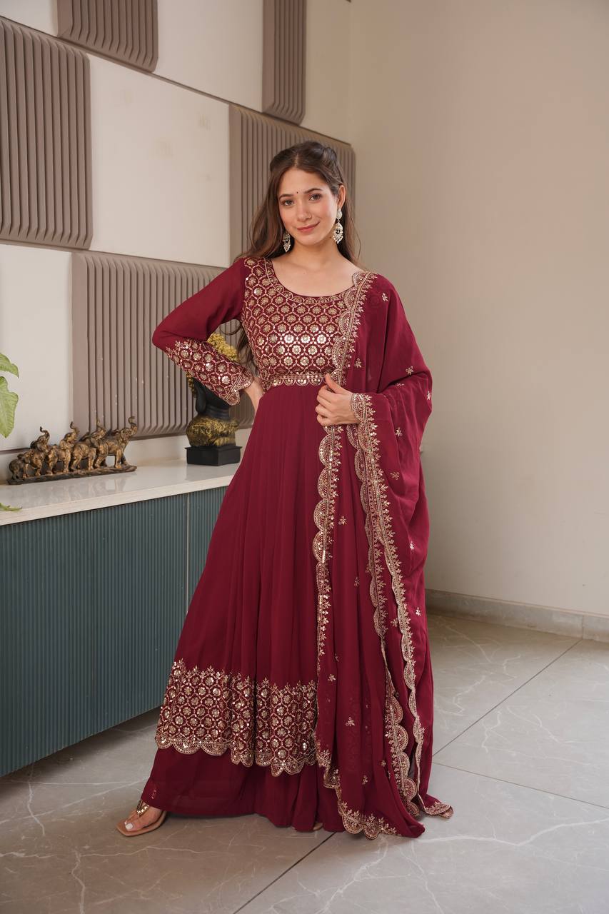 Maroon Color Faux Georgette Full stitched Sharara set