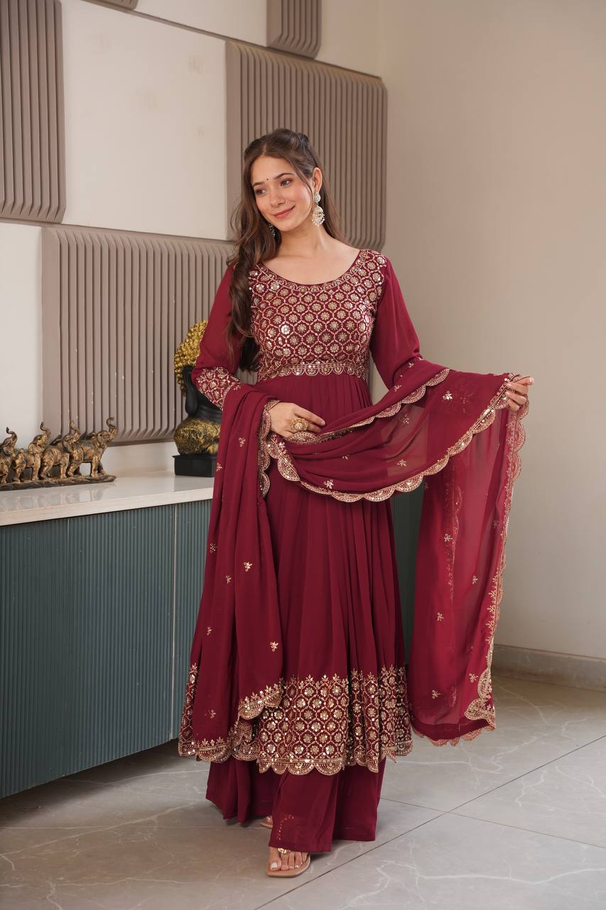 Maroon Color Faux Georgette Full stitched Sharara set