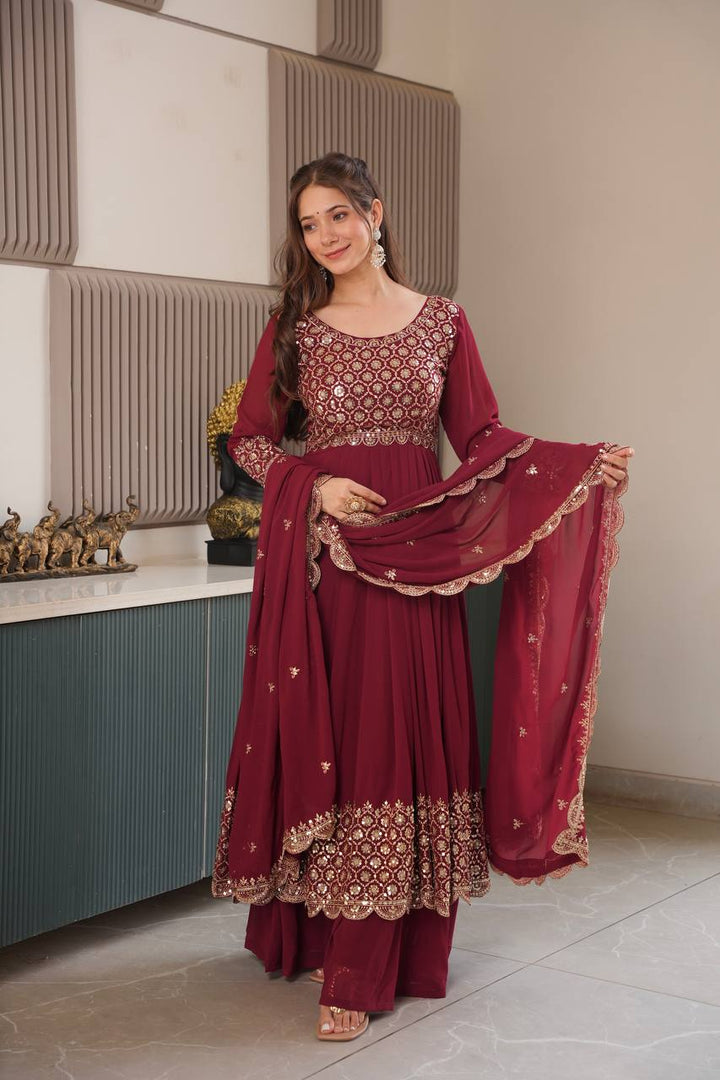 Maroon Color Faux Georgette Full stitched Sharara set