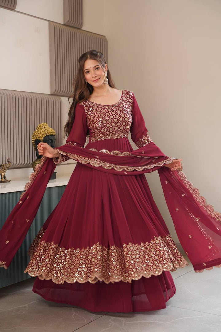 Maroon Color Faux Georgette Full stitched Sharara set