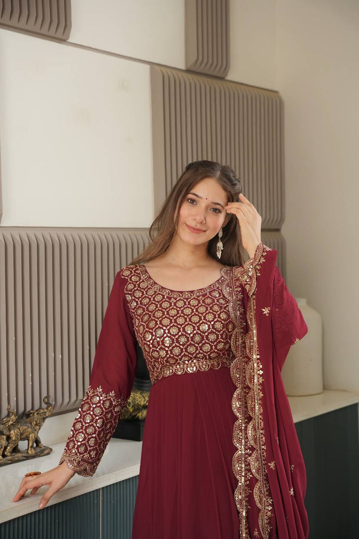 Maroon Color Faux Georgette Full stitched Sharara set