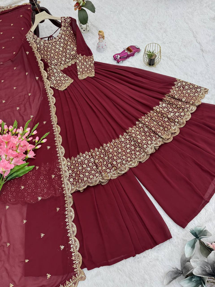 Maroon Color Faux Georgette Full stitched Sharara set