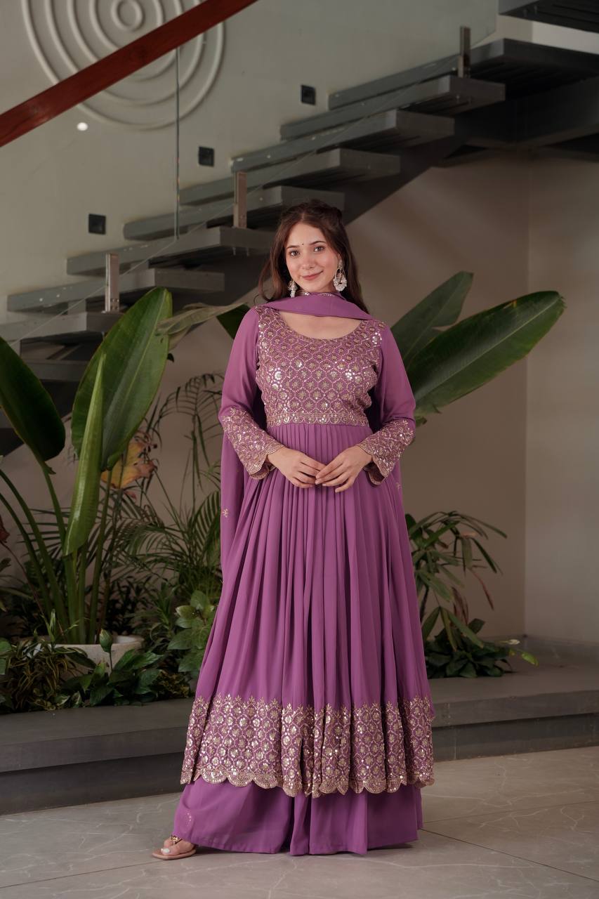 Purple Color Faux Georgette Full stitched Sharara set