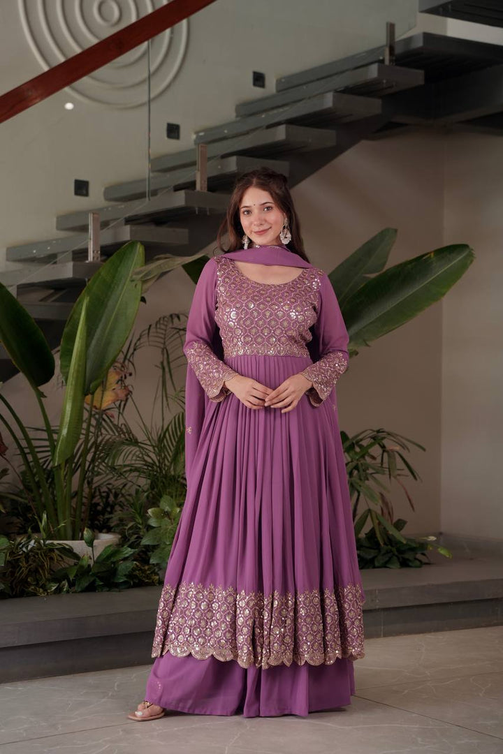 Purple Color Faux Georgette Full stitched Sharara set
