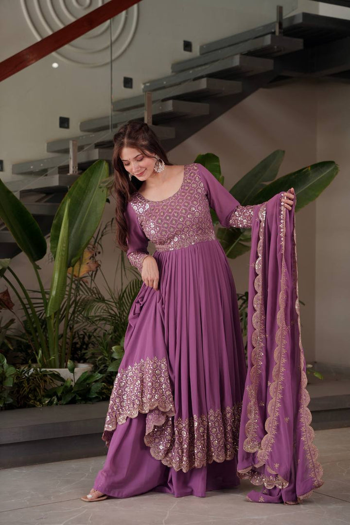 Purple Color Faux Georgette Full stitched Sharara set