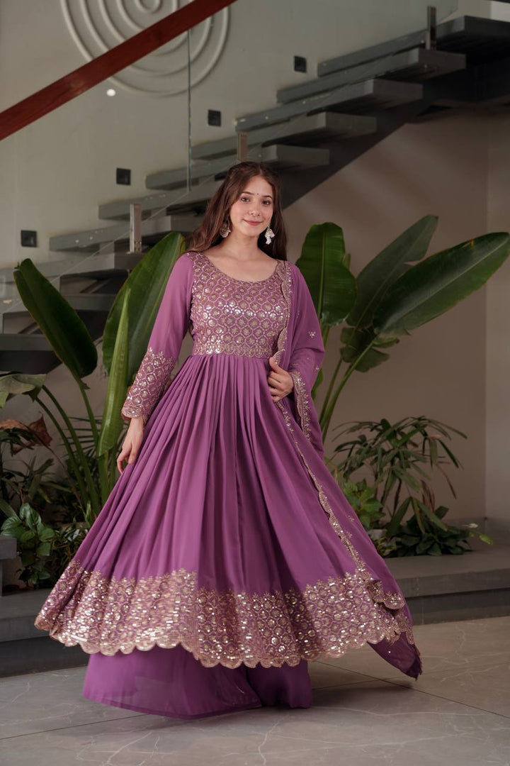Purple Color Faux Georgette Full stitched Sharara set