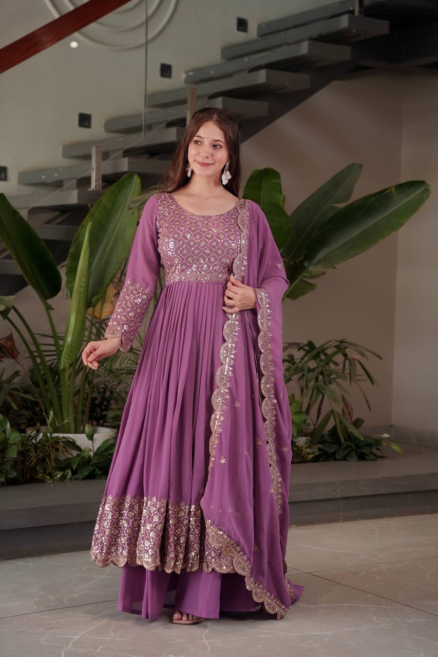Purple Color Faux Georgette Full stitched Sharara set