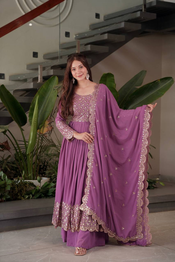 Purple Color Faux Georgette Full stitched Sharara set